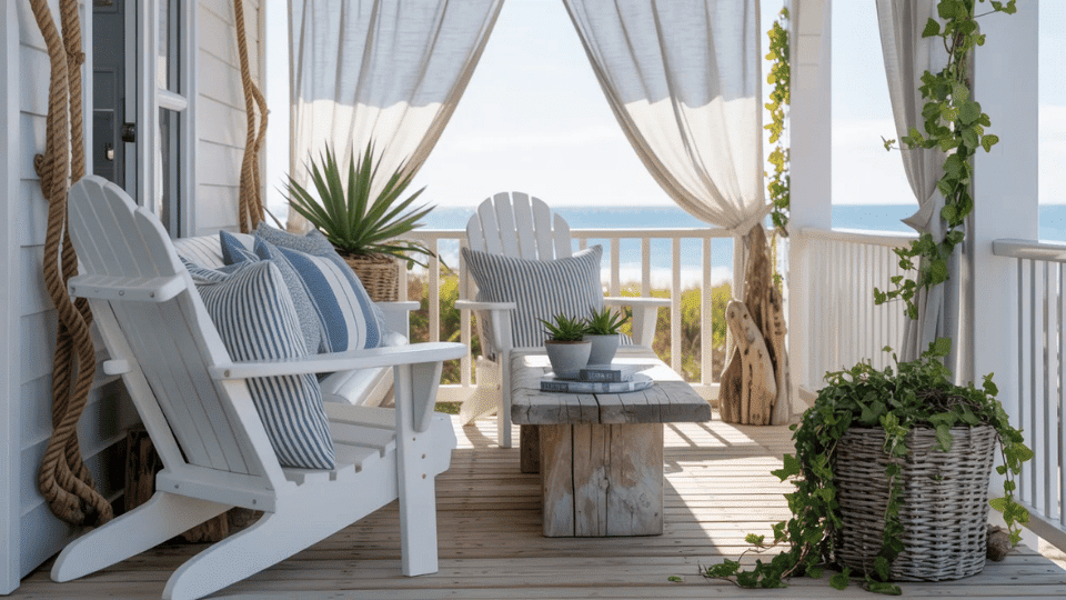 a coastal front porch with white wood furniture soft blue textiles rope accents and breezy potted greenery