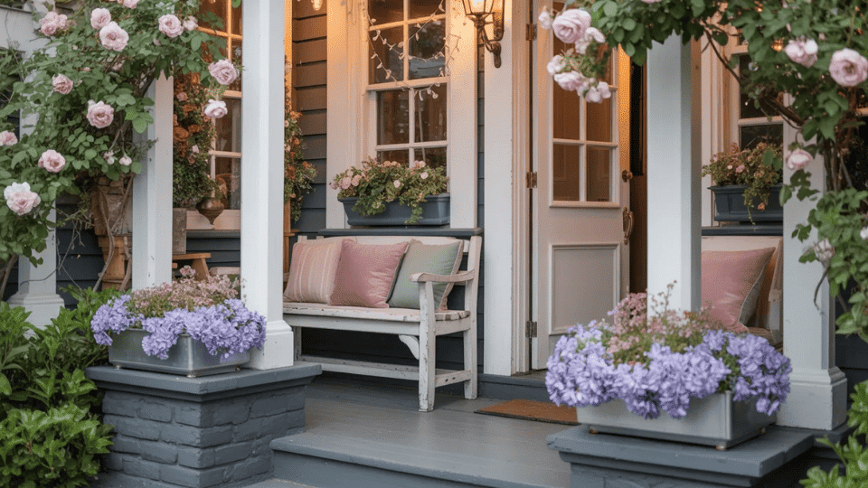 a cottage front porch with whitewashed bench window boxes pastel cushions string lights and climbing flowering plants