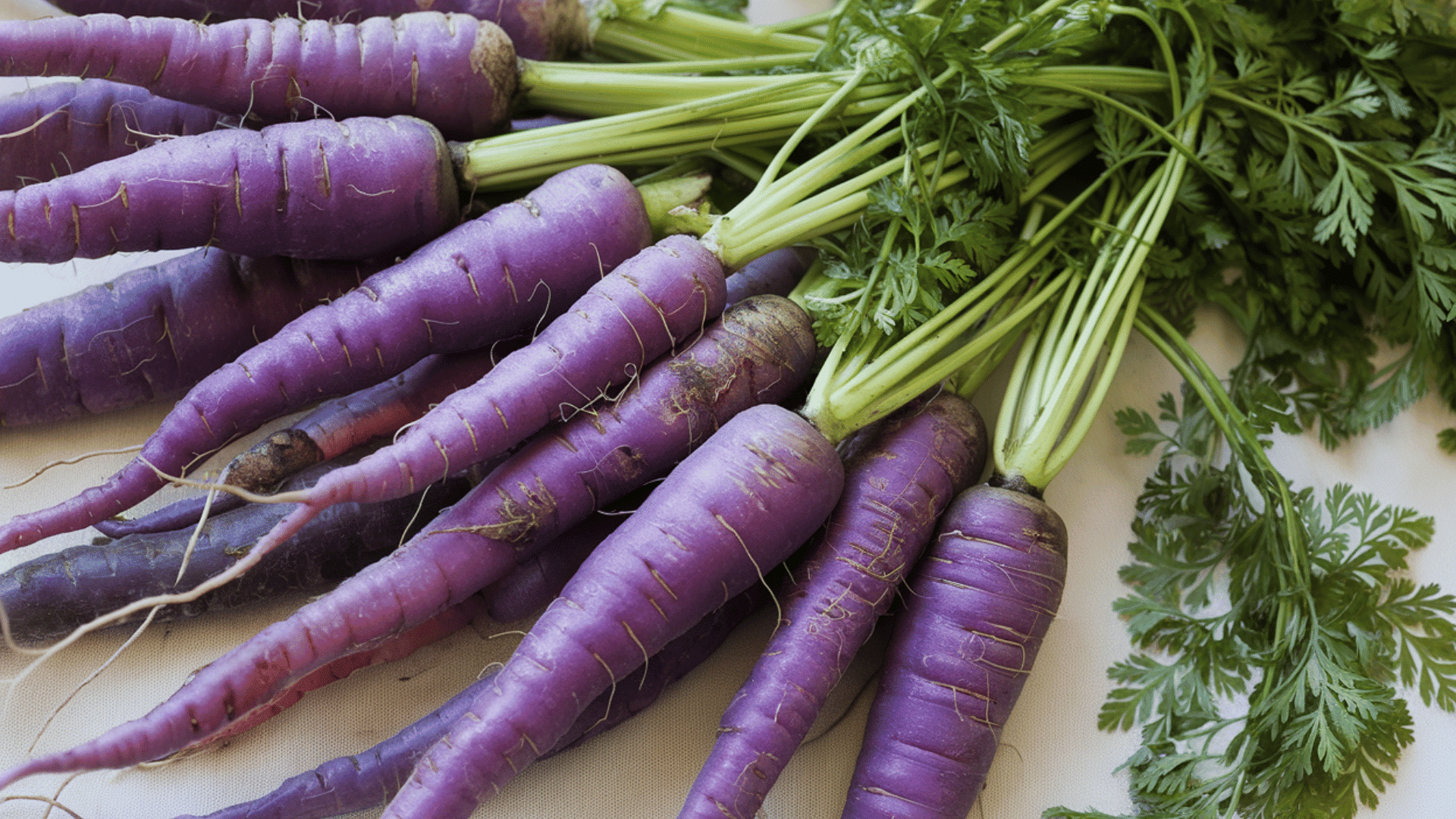 a couple of colorful variation of the traditional purple sun hybrid carrot one the table.