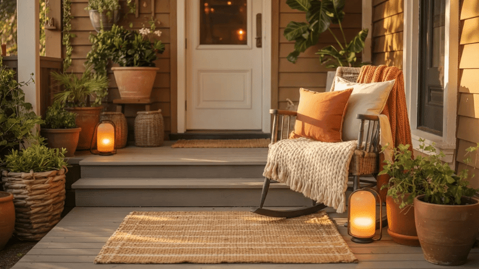 _a cozy front porch with rocking chair chunky throws warm lanterns and earthy potted plants in golden light