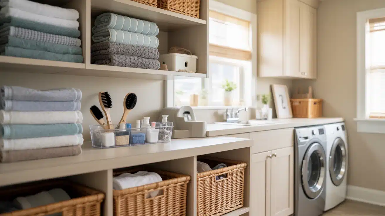 a dedicated pet laundry station in the laundry room for storing pet towels, bedding, and grooming supplies
