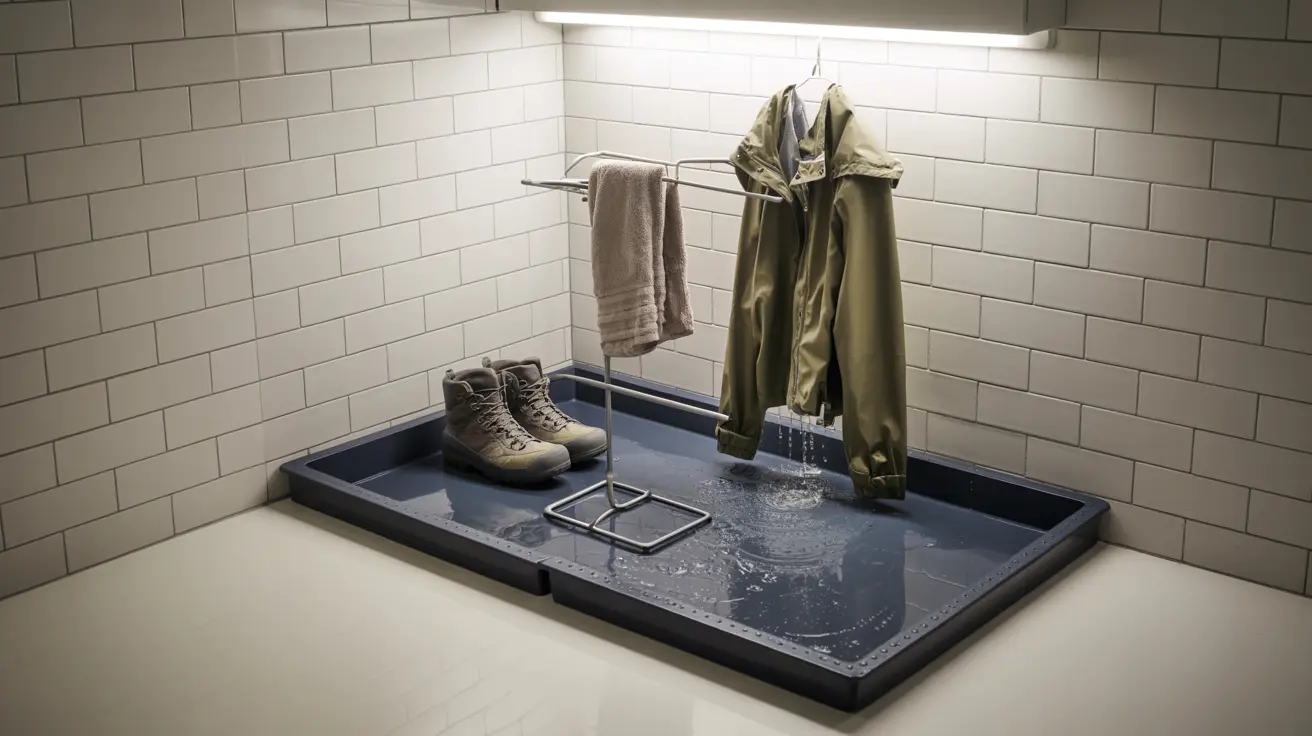 a designated drip tray zone in a laundry room to catch water from wet clothes and shoes, keeping the floor dry.