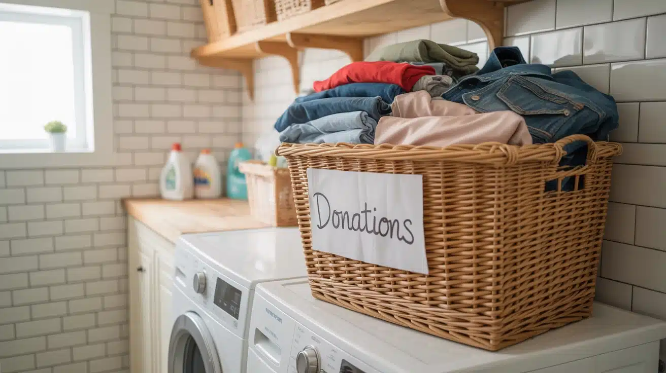 a donation bin in the laundry room for sorting clothes that are ready to be donated, keeping the space tidy.