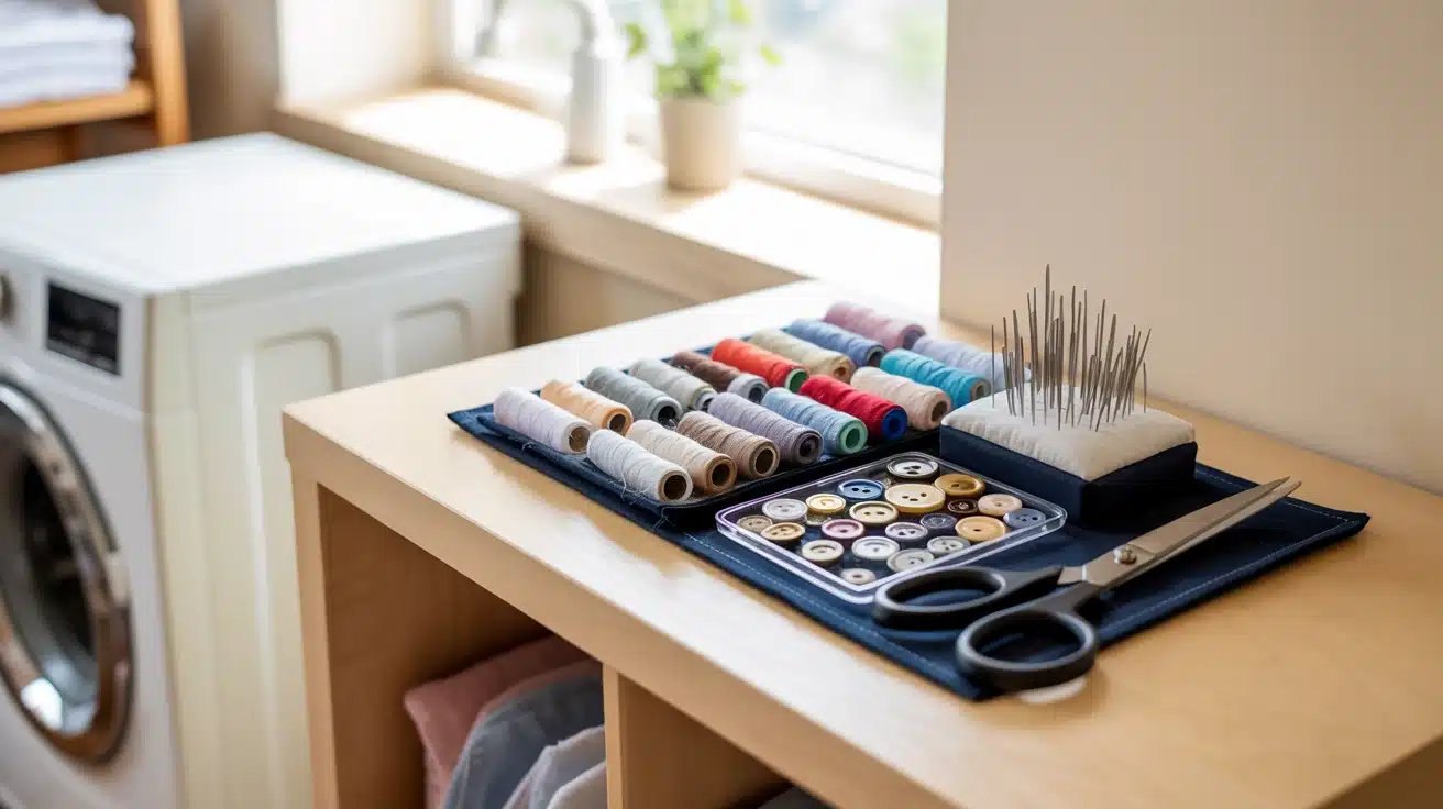 a fabric repair kit in the laundry room, equipped with tools for quick fixes like sewing buttons or repairing small tear