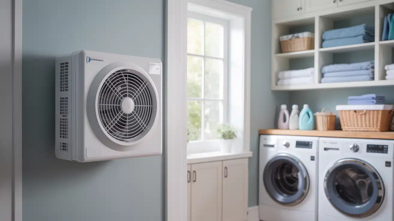 a fan or vent booster in the laundry room, helping to control humidity and air circulation during laundry tasks