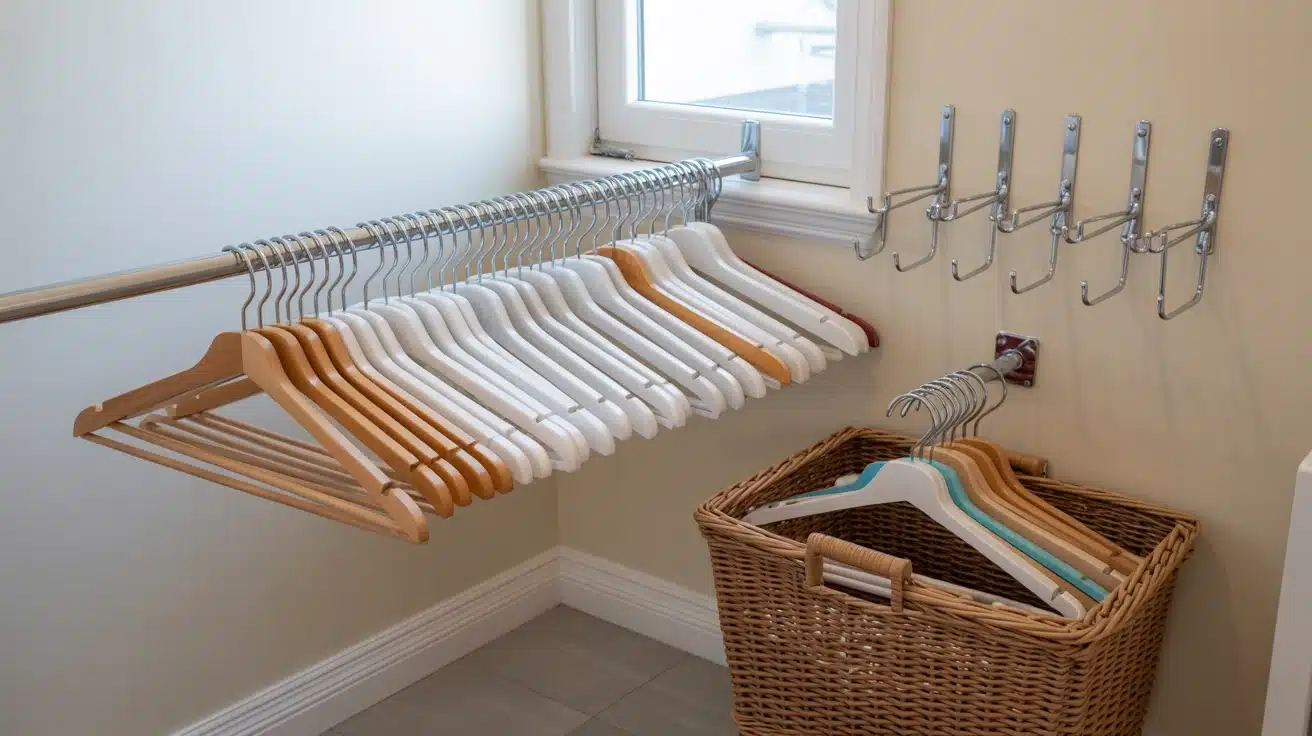 a fixed storage spot for extra hangers in the laundry room, preventing clutter and making them easy to grab when needed.