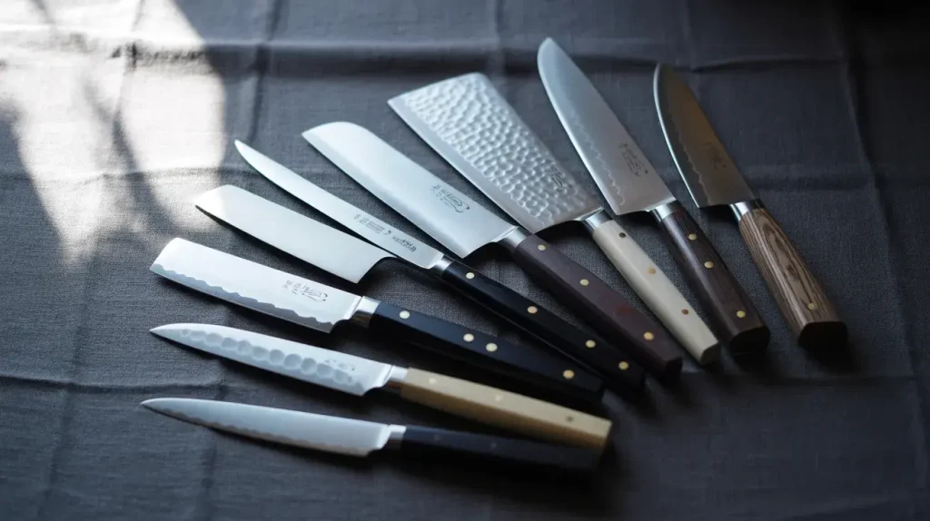 a flat lay of eight different Japanese kitchen knives arranged on dark linen, each showing a distinct blade shape and edge profile (1)