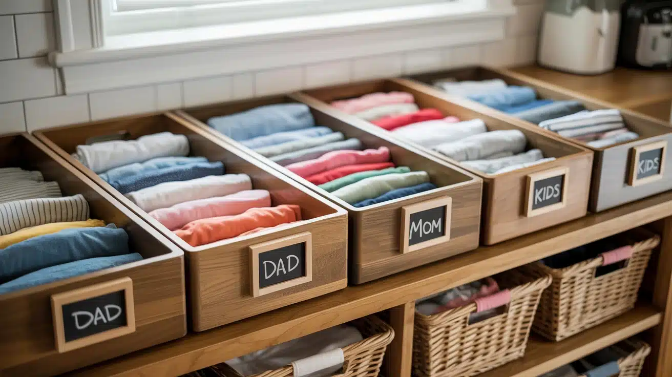 a fold-and-sort tray system in the laundry room, organizing clothes by category or family member after folding.