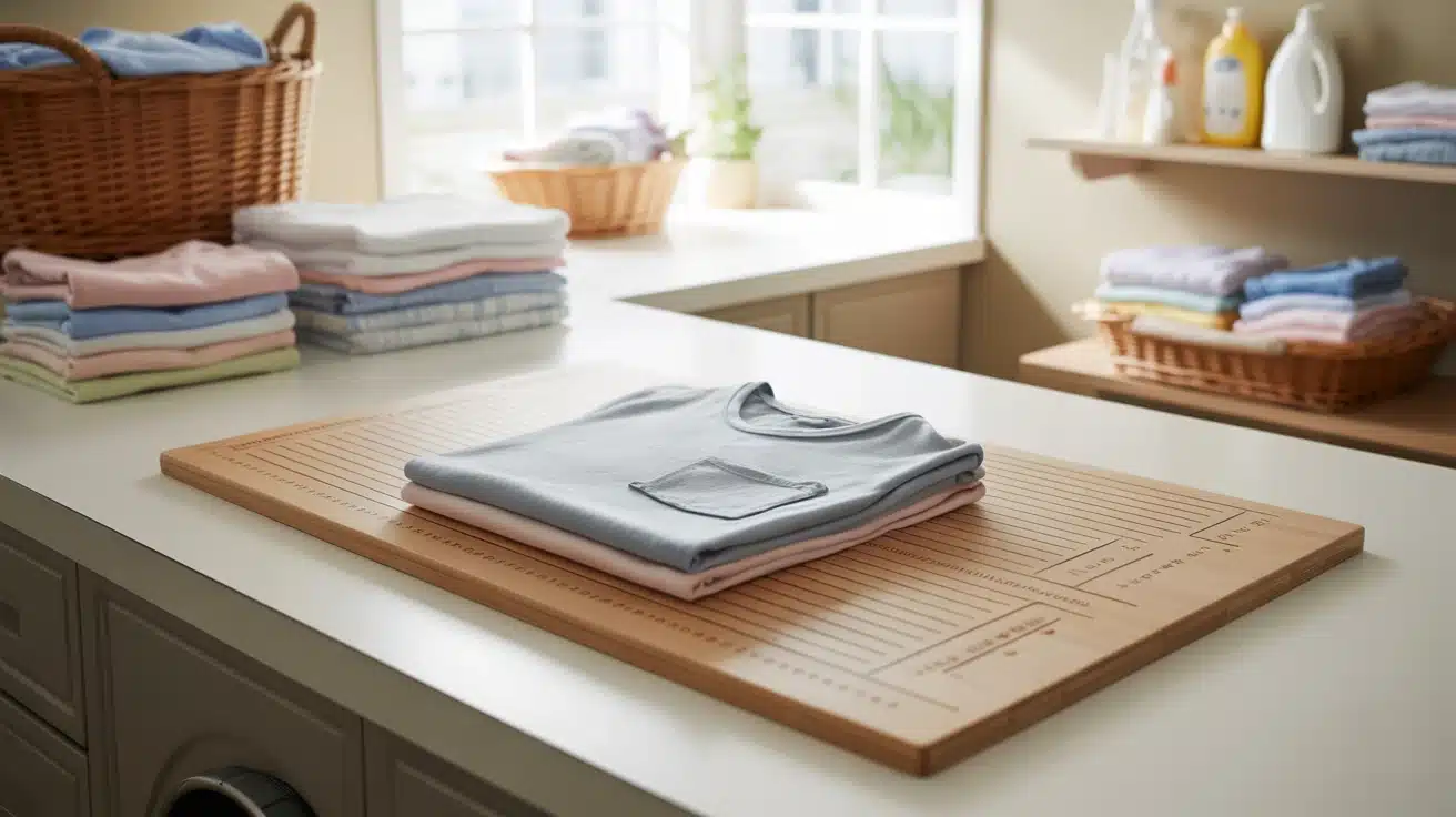 a fold guide board in the laundry room, providing consistent folding for clothes like shirts, towels, and bed linens