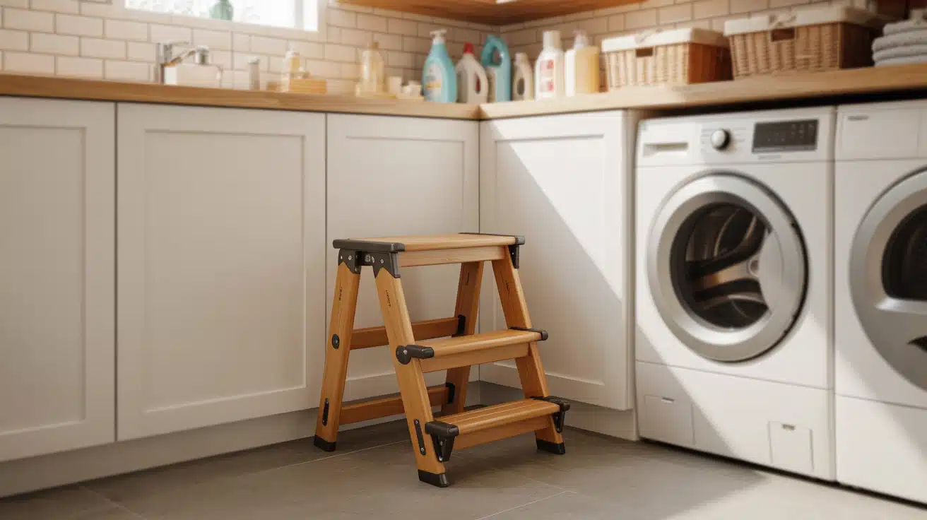 a foldable stool in the laundry room, providing safe access to high storage shelves without climbing.