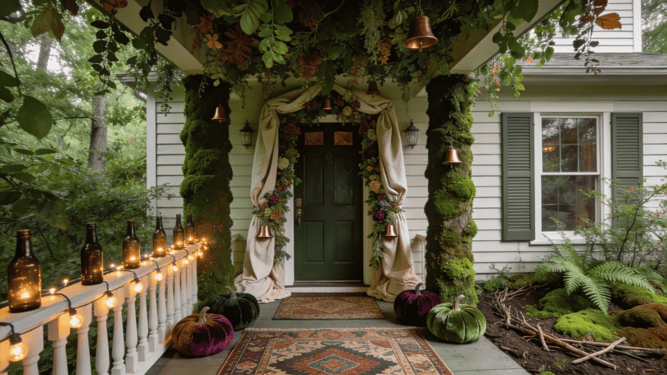 a fully layered fall porch with moss columns botanical ceiling bundles jewel pumpkins linen draping and warm amber lighting at dusk