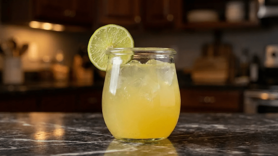 a glass of green tea hot dressed with a lemon wedge and topped with ice in a dark well lit room kitchen counter top