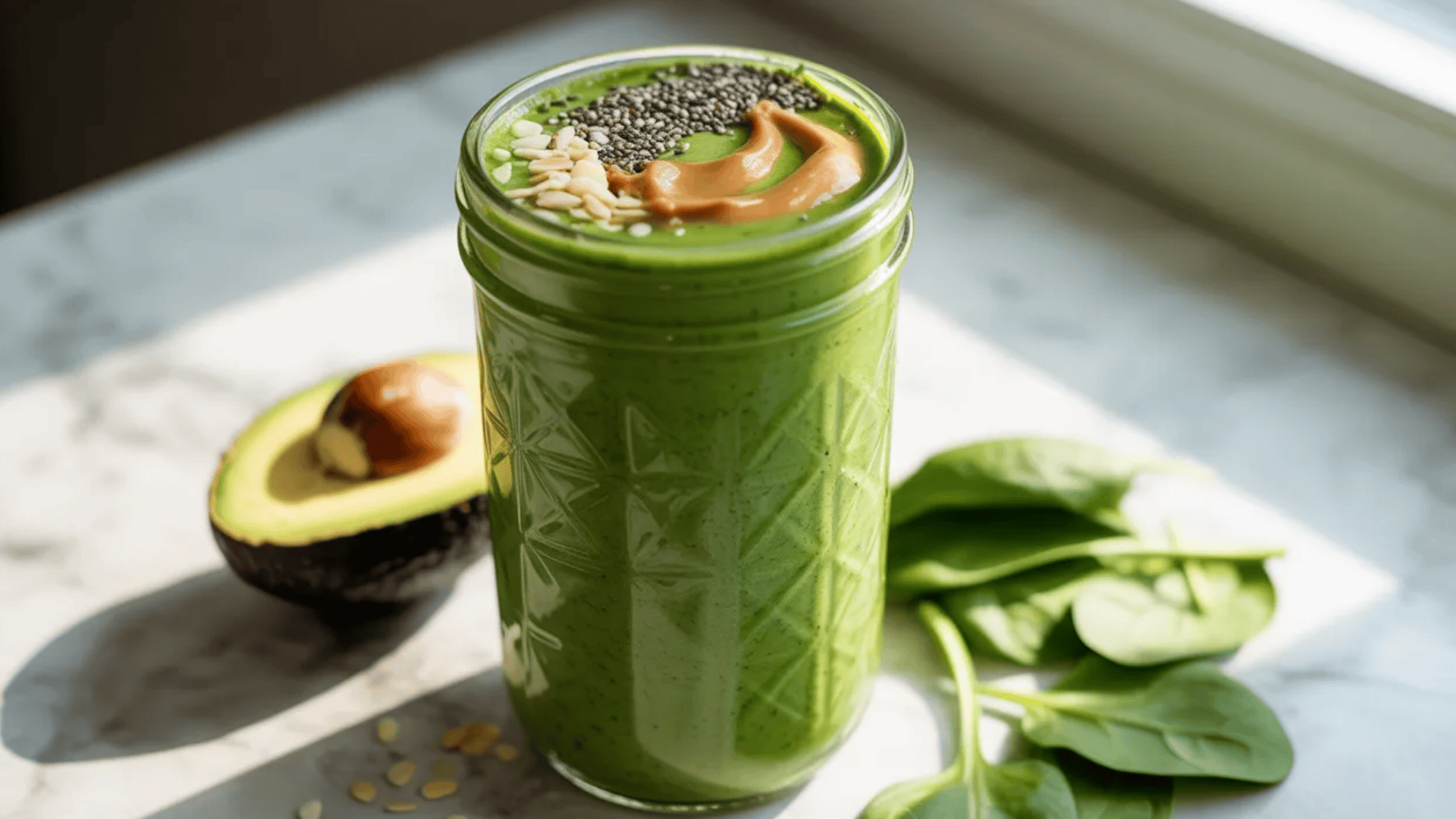 a green smoothie made with spinach and avocado, topped with seeds and nut butter, served in a glass jar