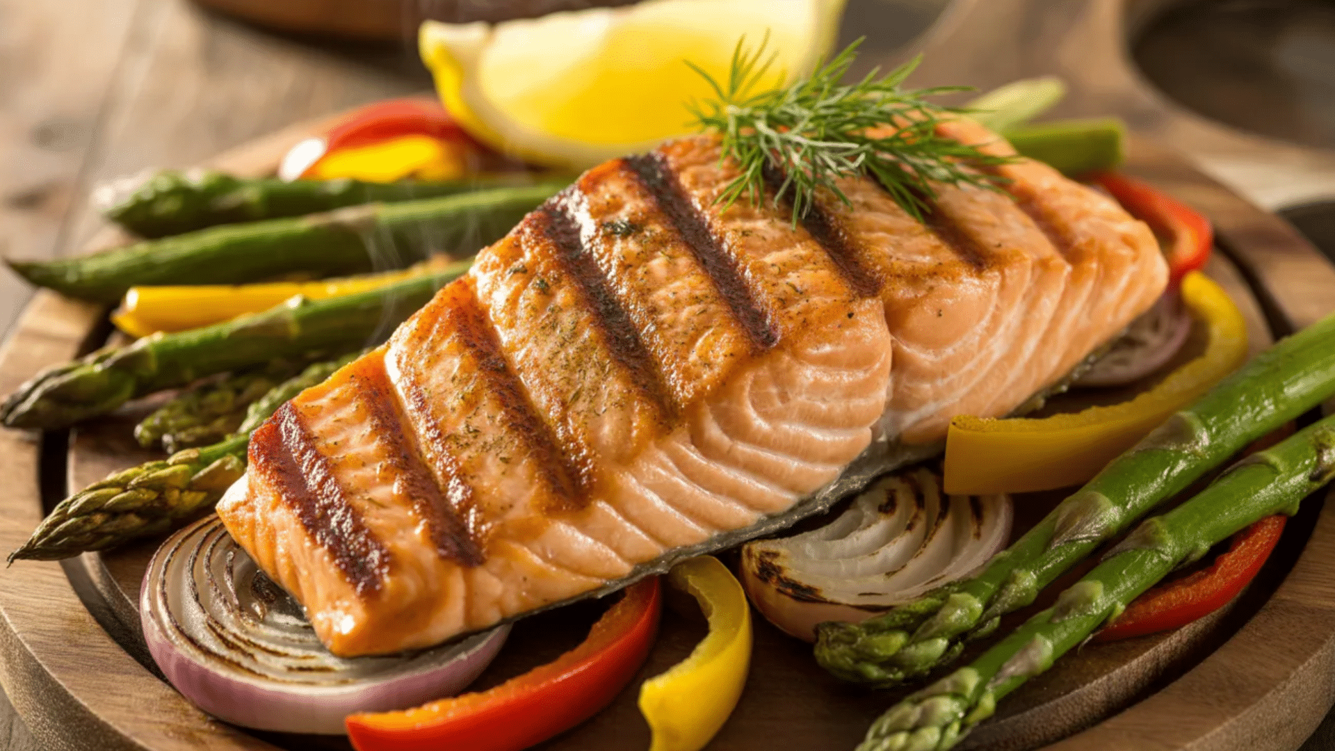 a grilled salmon fillet served with asparagus, bell peppers, and onion slices, garnished with fresh herbs and lemon.