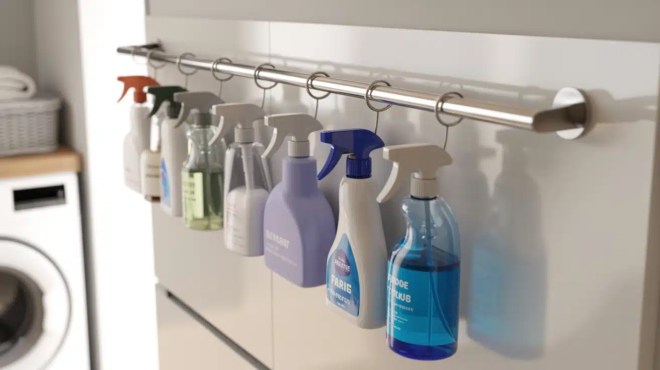 a hanging rail in the laundry room for storing spray bottles, keeping them organized and easily accessible during laundry.