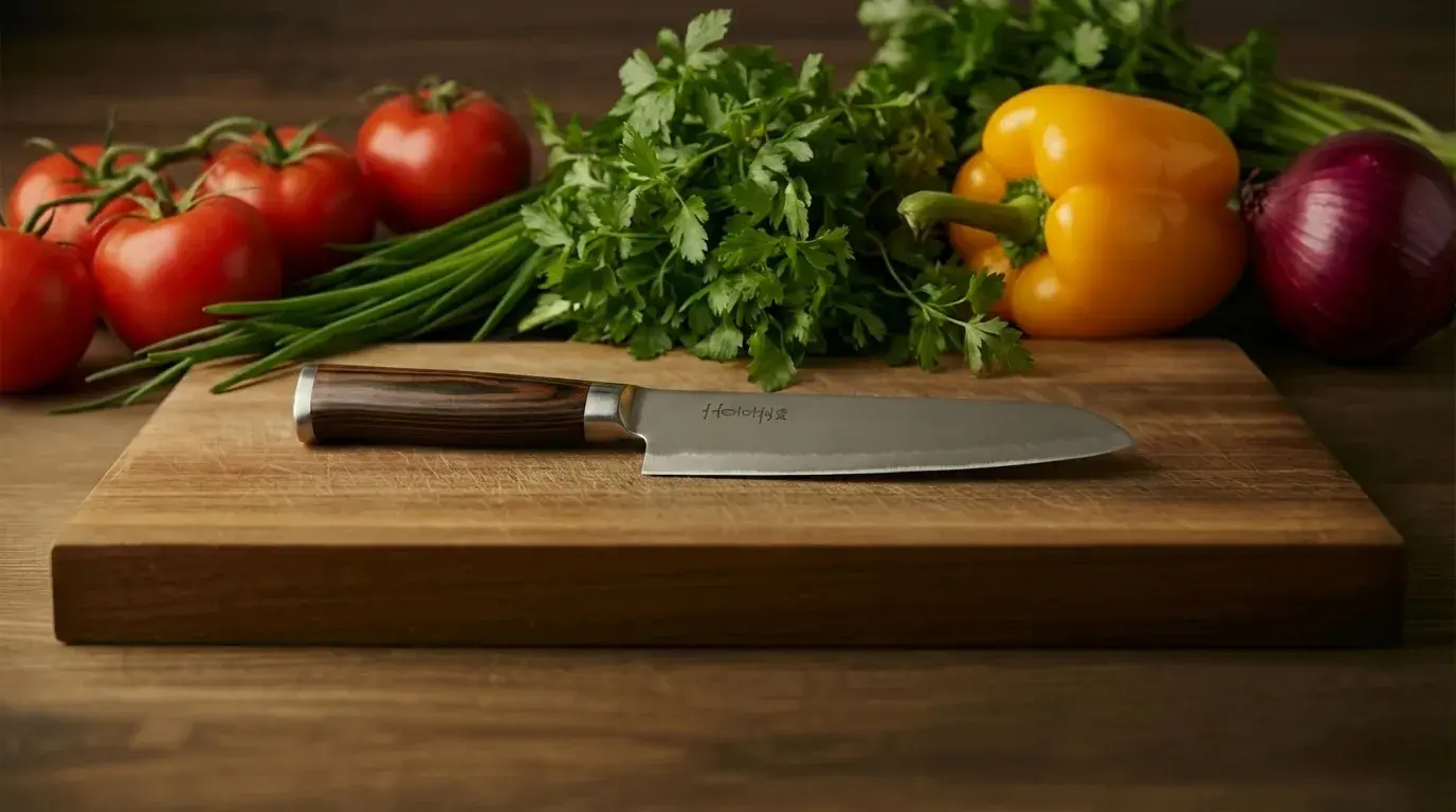 a Hankotsu knife on a wooden cutting board in a clean kitchen setting, soft lighting showcasing its short, rigid blade design (1)