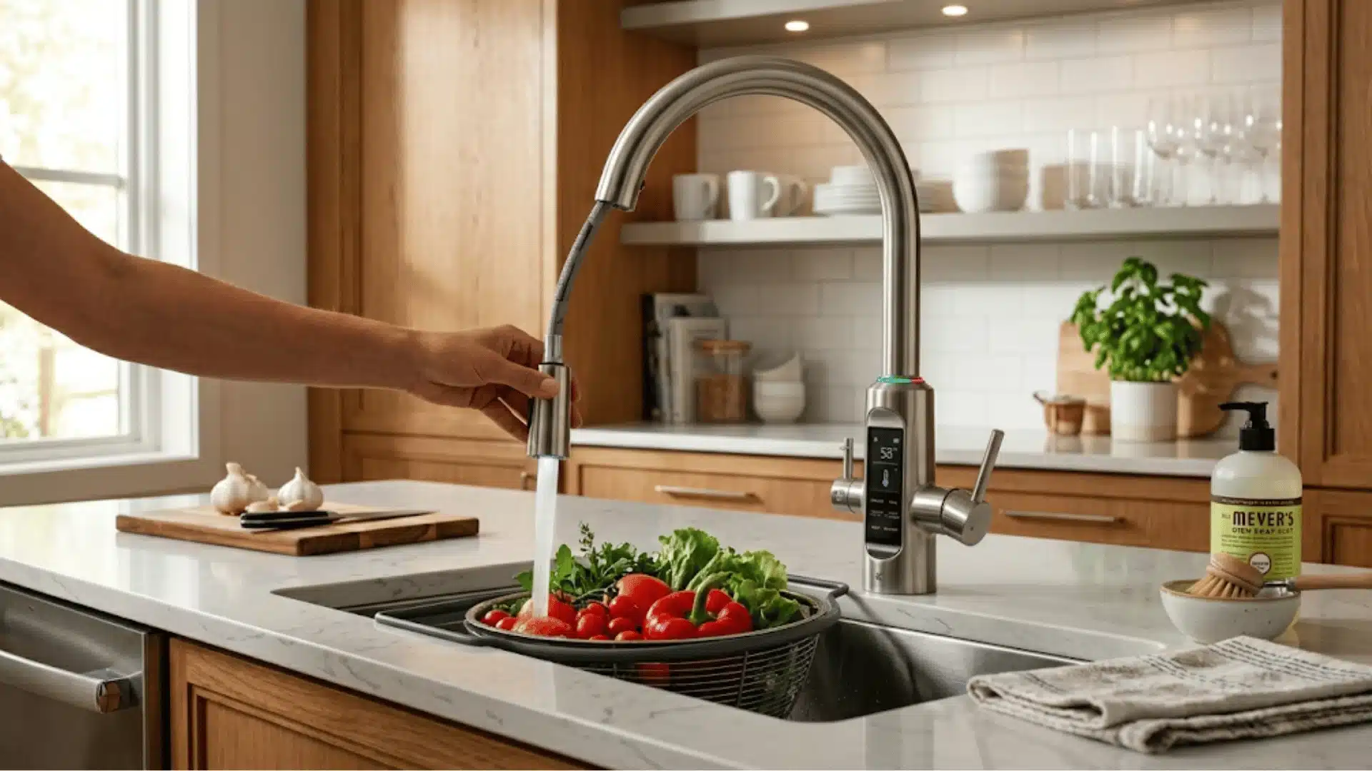 a high quality picture of a kitchen where a hand is washing vegetables with water showing high tech feacture