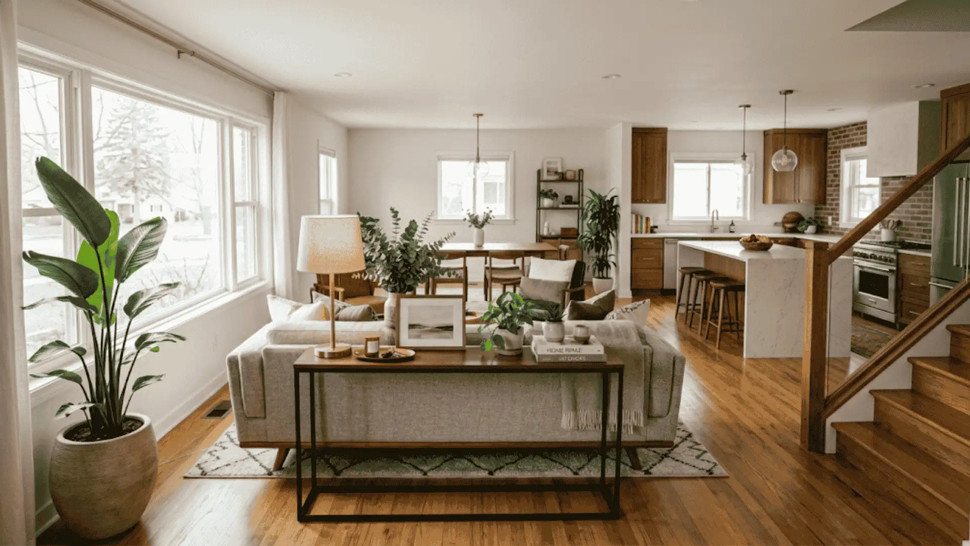 a high quality picture of a wide angle shoot showing the table behind the sofa