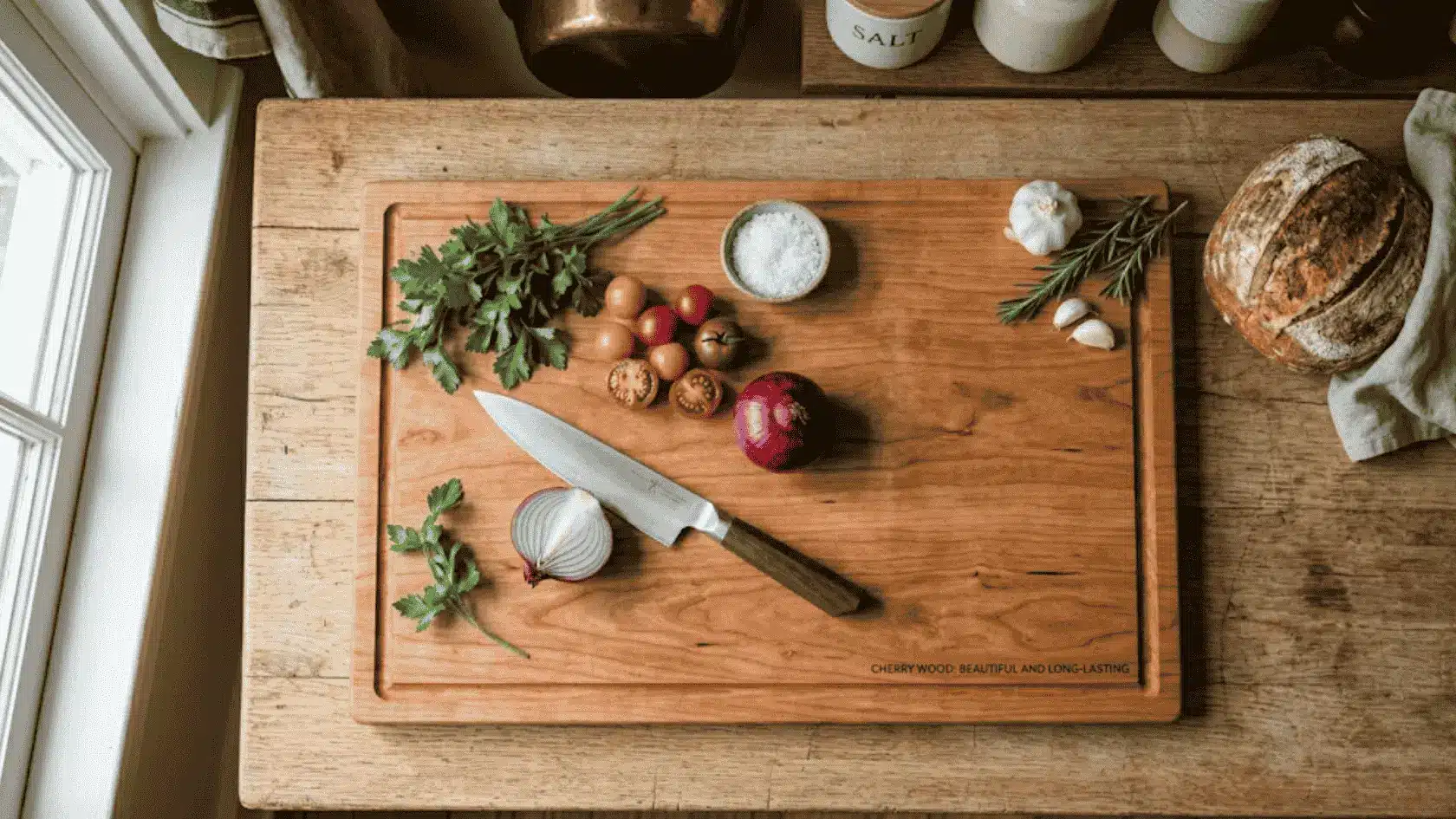 a high quality picture of cherry board with a knife and basic stuff vegetable and bread