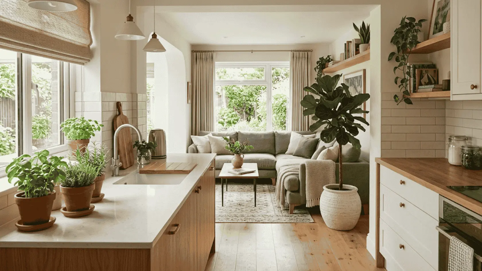 a high quality picture of kitchen and living room with number of plants