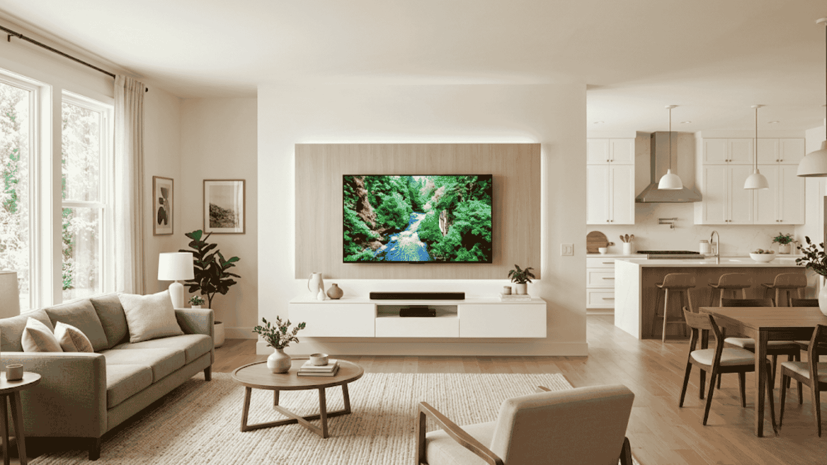 a high quality picture of the wall panel and tv with an open kitchen and living room (1)