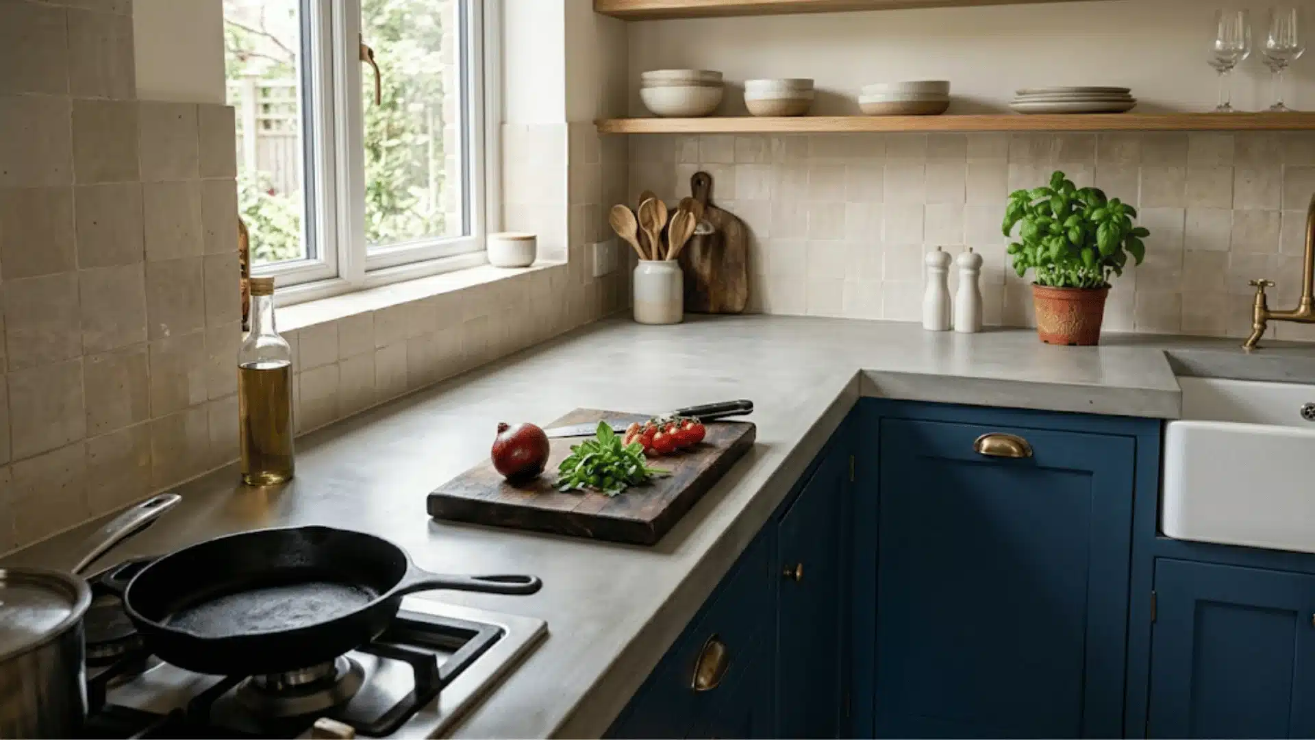 a kitchen counter top with a pan on stove and some basic kitchen stuff with vegetable