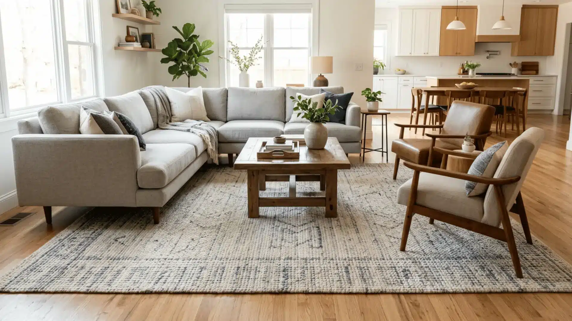 a large area rug of grey color is placed under sofa and chai giving a back ground view of kitchen
