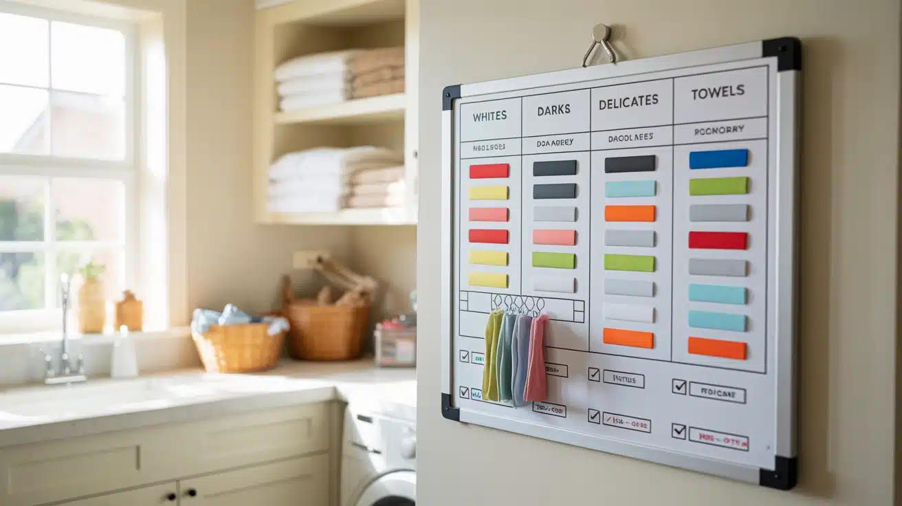 a laundry load planning board in the laundry room, helping track pending loads and manage laundry tasks by family member.