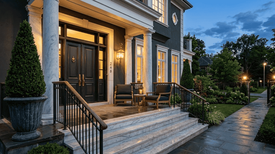a luxurious front porch with teak armchairs brass wall lights marble accents and structured topiary at entrance