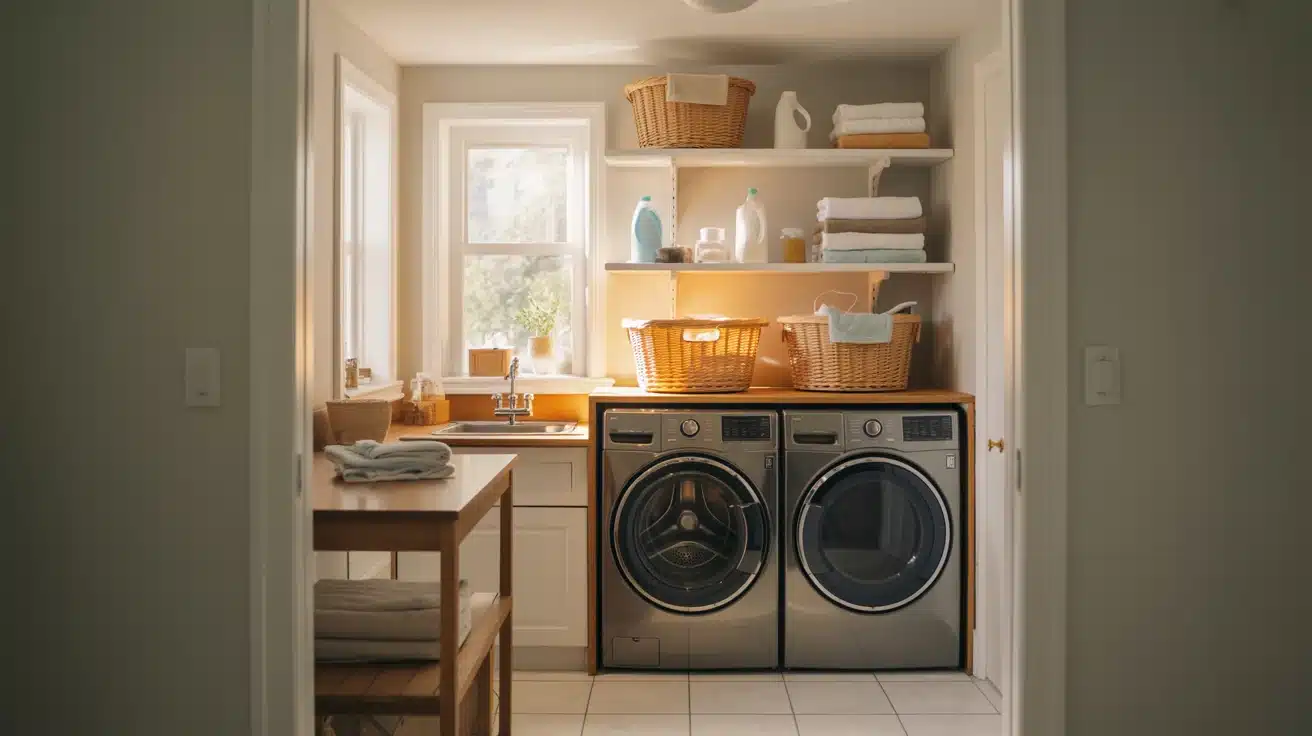 a One Load Rule zone in the laundry room, ensuring laundry is finished before starting a new load.