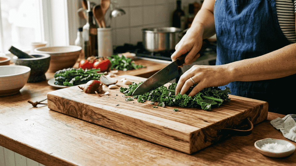 a picture of Hickory A Tough, High-Impact Wood where the woman to chop veges