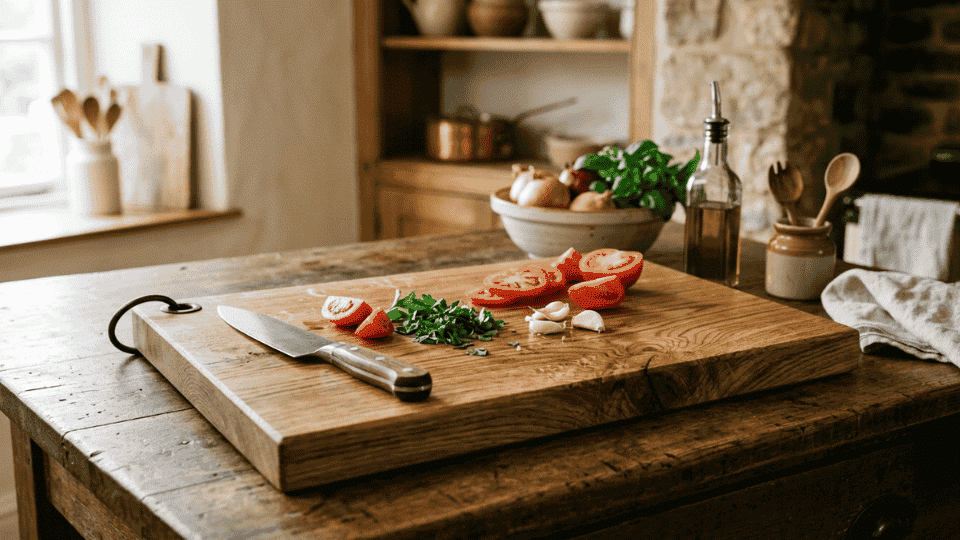 a picture of Oak A Sturdy and Traditional Option with a knife and vegges
