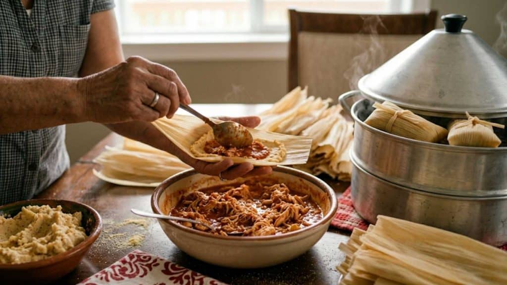a picture showing a human cooking tamales with a lot of stuff and pre work