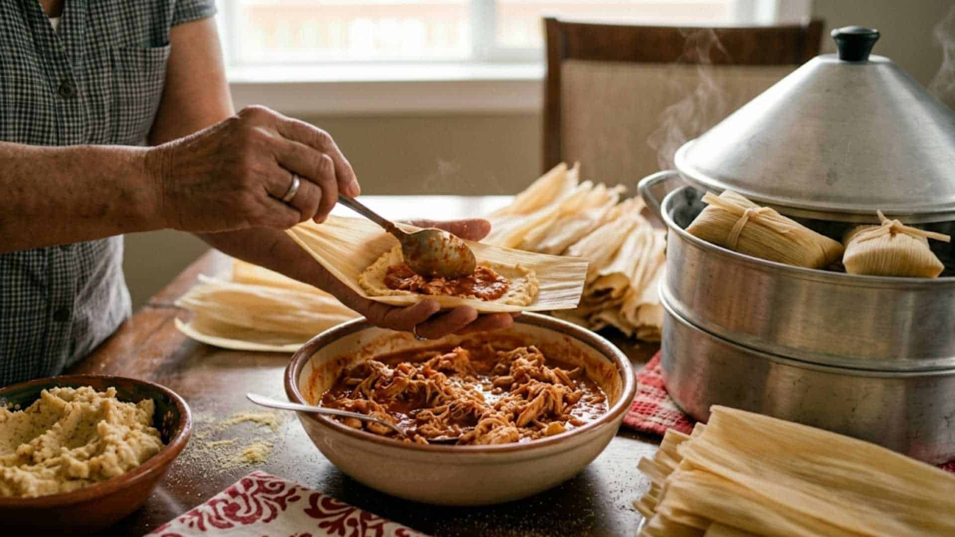 a picture showing a human cooking tamales with a lot of stuff and pre work