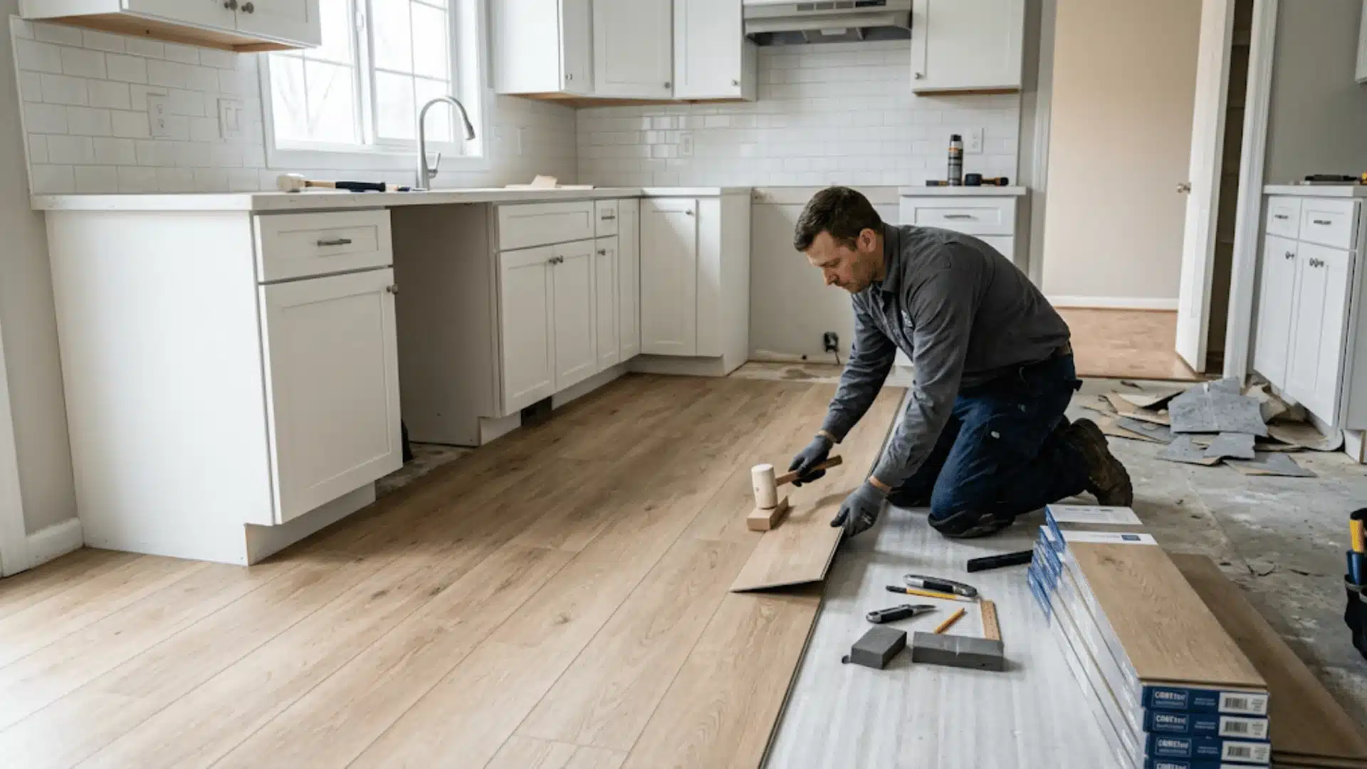 a picture showing a man working in a kitchen for the flooring while sitting on the ground it self