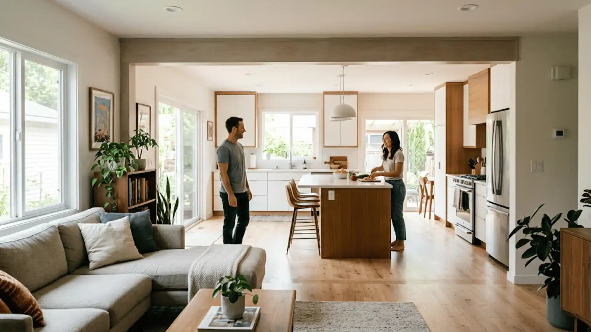 a picture showing couple in an open kitchen that is connected to the livingroom
