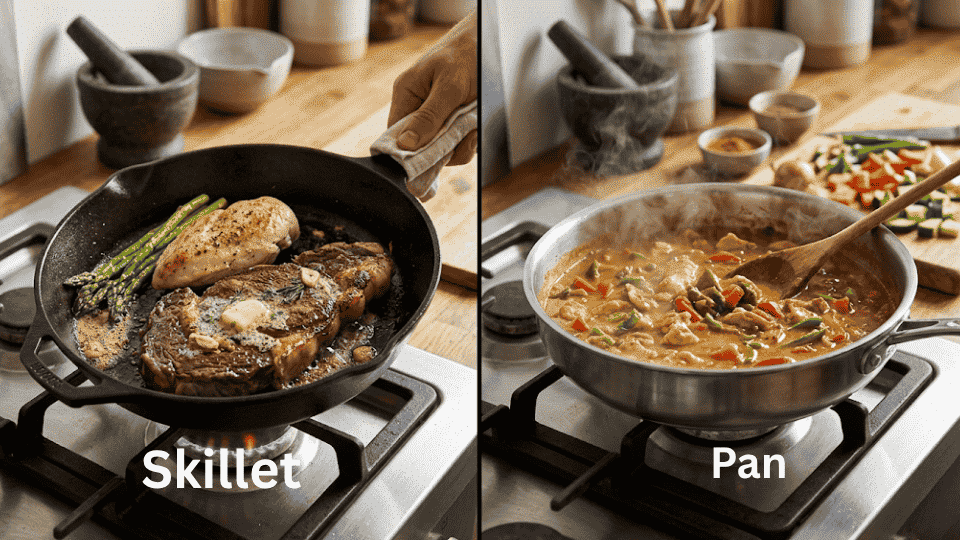 a picture showing the two different food item pain with the name on them as skillet vs pan