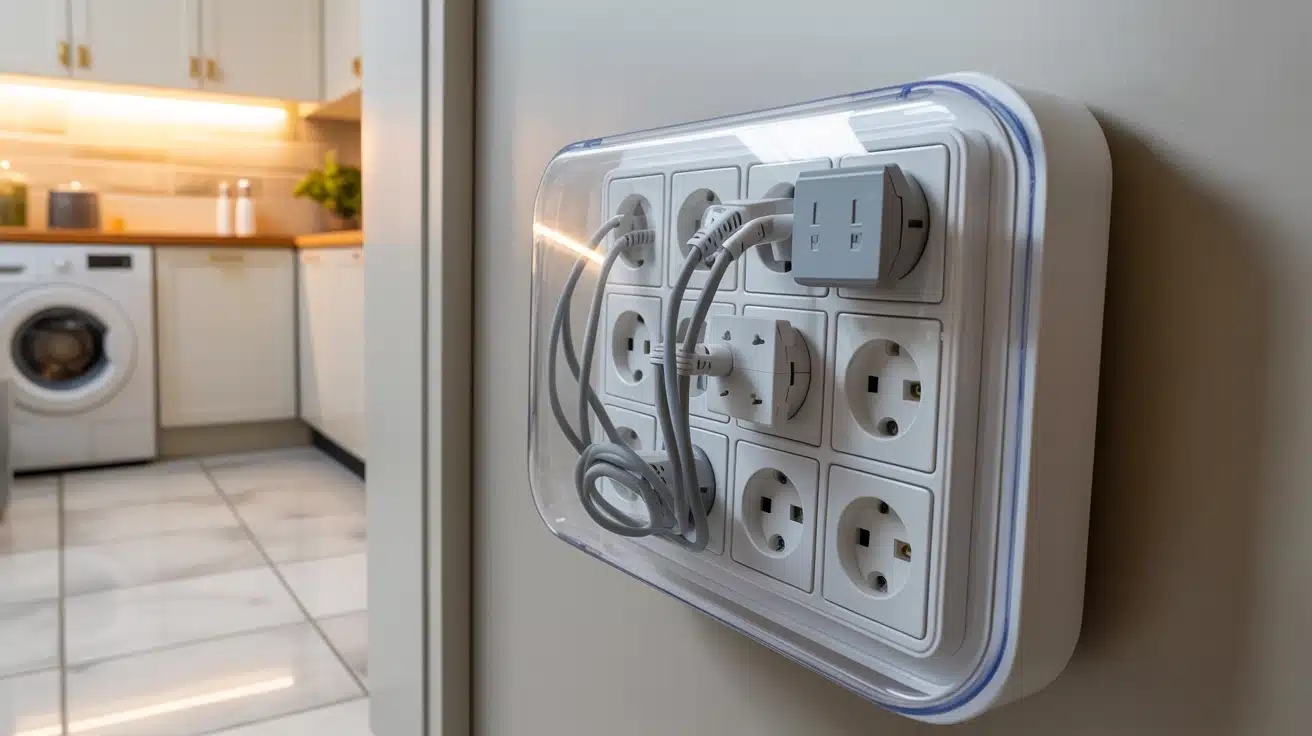 a power strip with a safety cover in the laundry room, preventing electrical hazards near water sources.