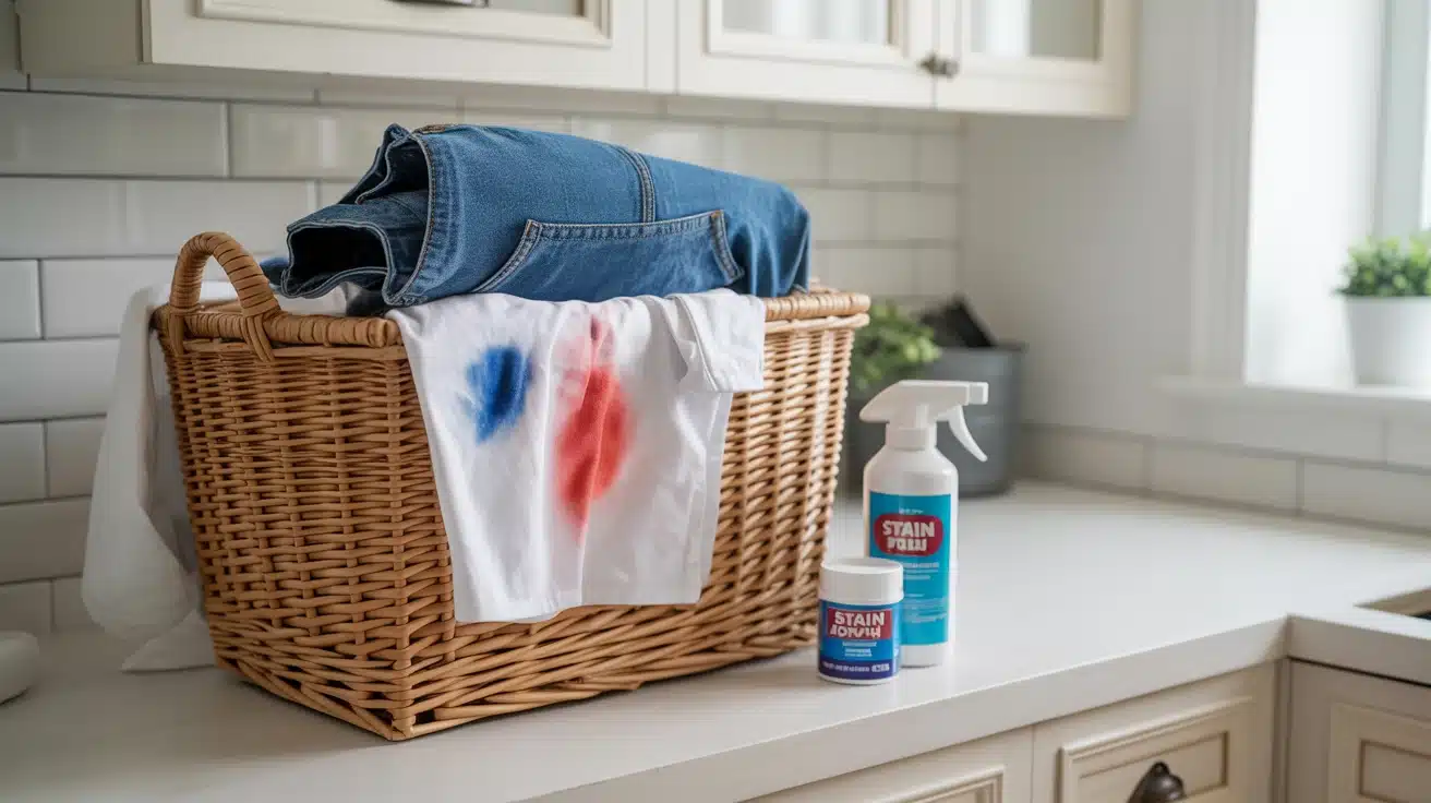 a pre-treat basket in the laundry room, ensuring stained clothes are treated before washing.