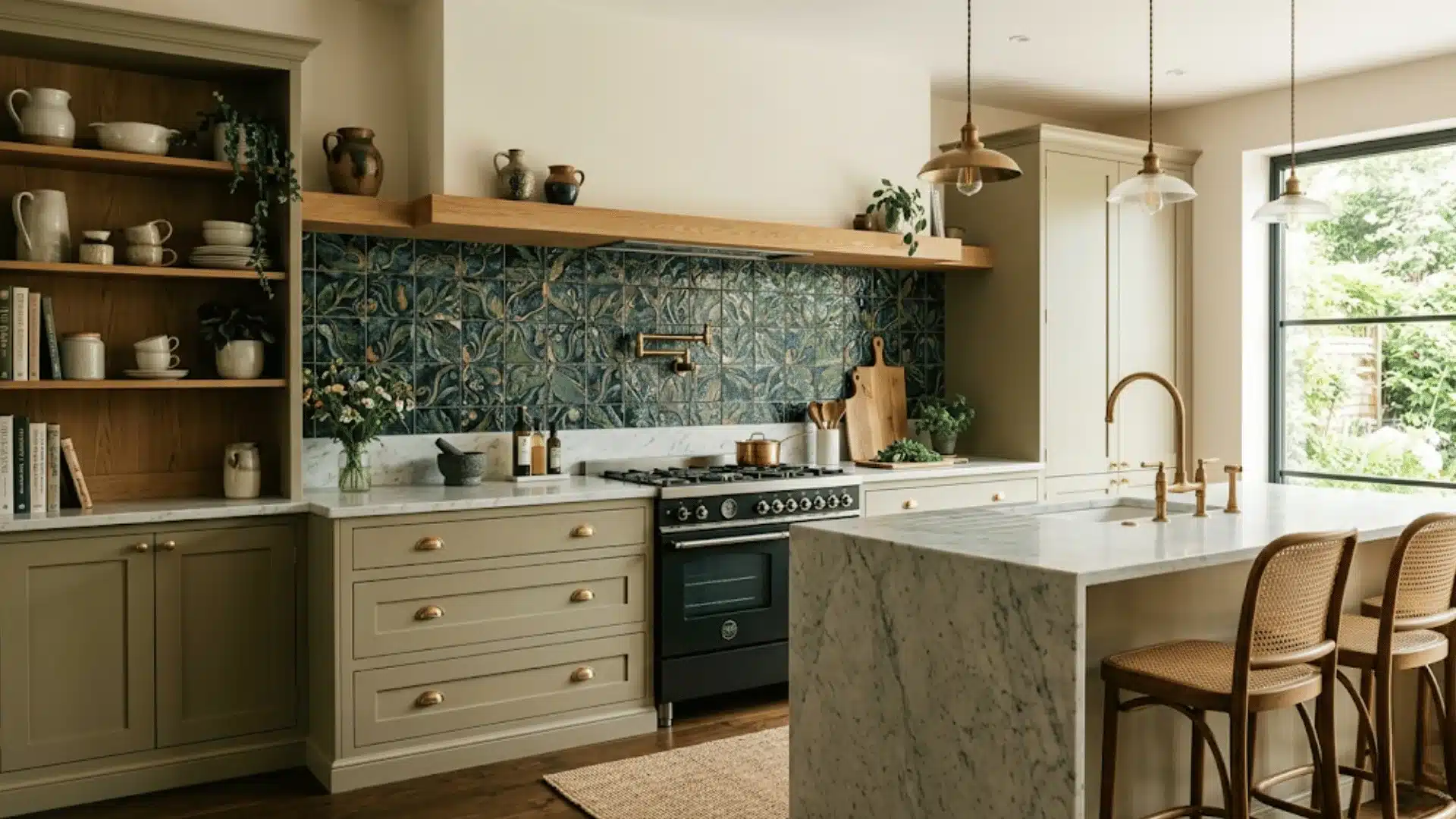 a primary clean and classy kitchen showing a decorative feature element on the wall of the kitchen