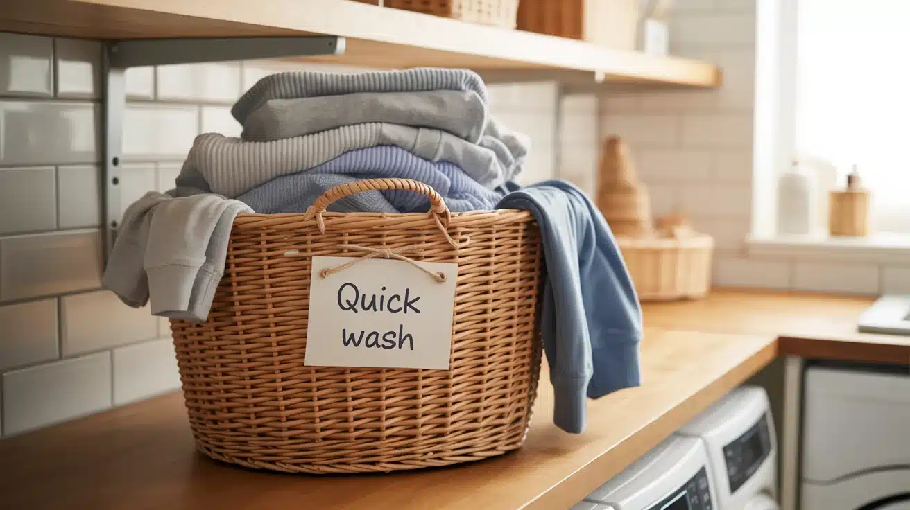 a quick wash basket in the laundry room for sorting lightly worn clothes that don’t require a full laundry cycle.
