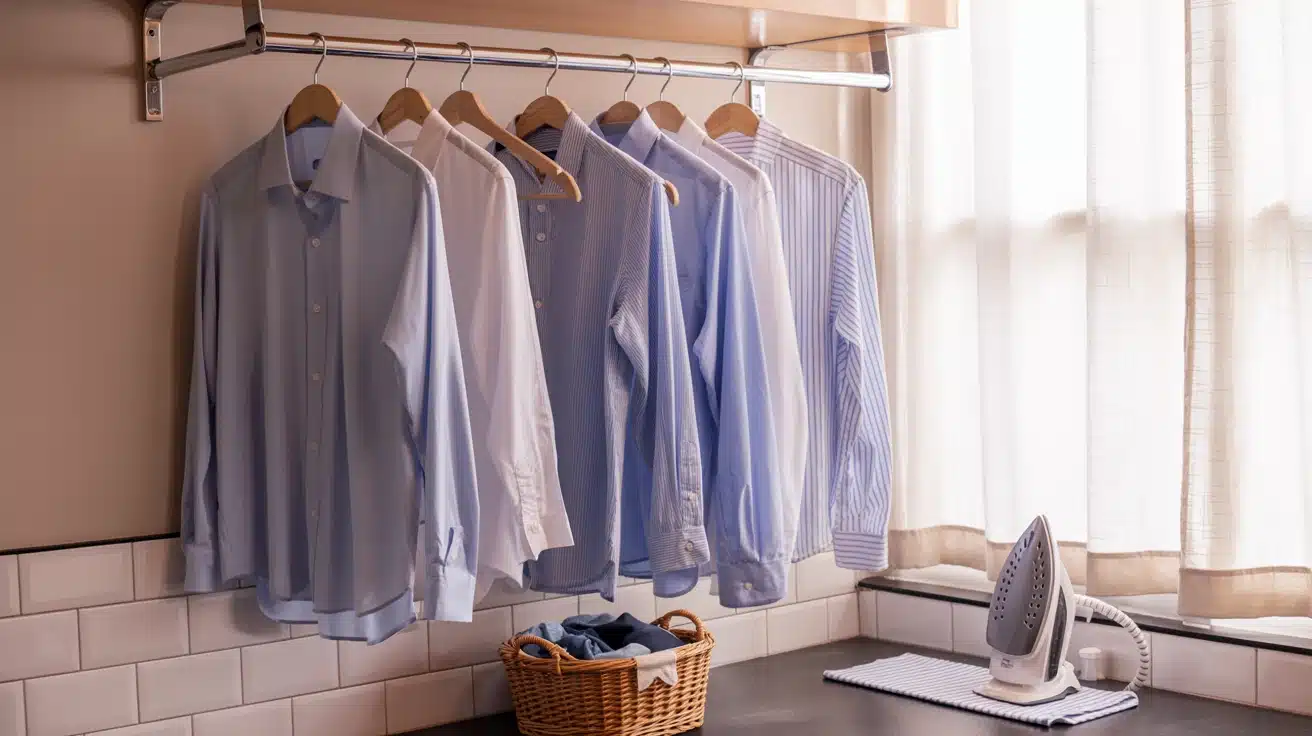 a ready-to-iron section in the laundry room, organizing clothes that need to be ironed.
