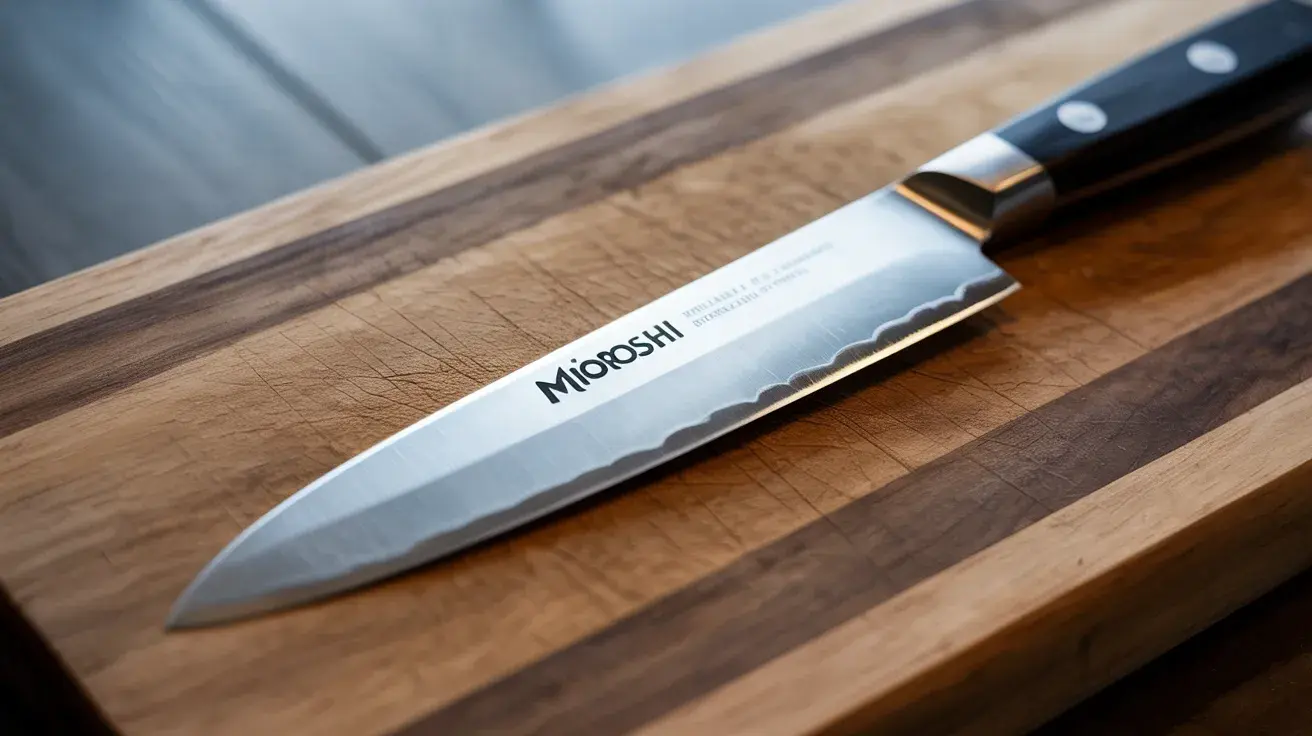 a realistic kitchen scene with a Mioroshi knife on a wooden cutting board, highlighted by soft natural light, no animal products (1)