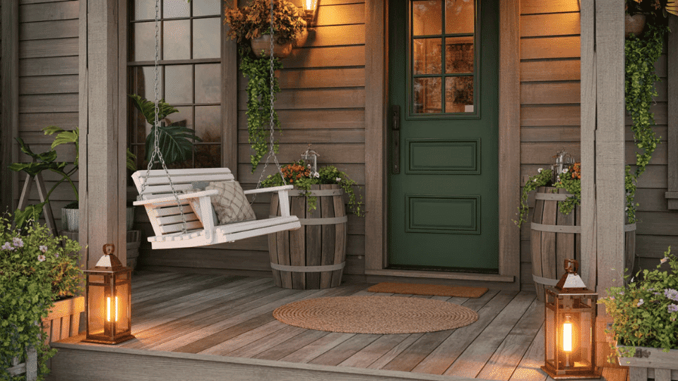 _a rustic front porch with porch swing aged metal lanterns barrel planters and trailing greenery on wooden steps