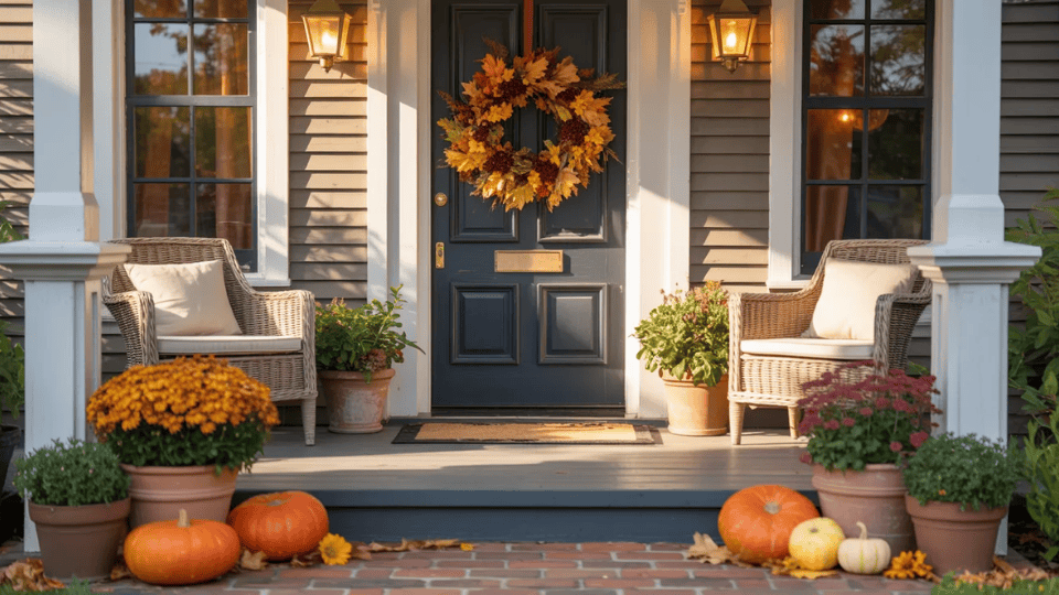 a seasonal front porch with autumn wreath pumpkins amber potted plants and warm glowing lanterns by front door