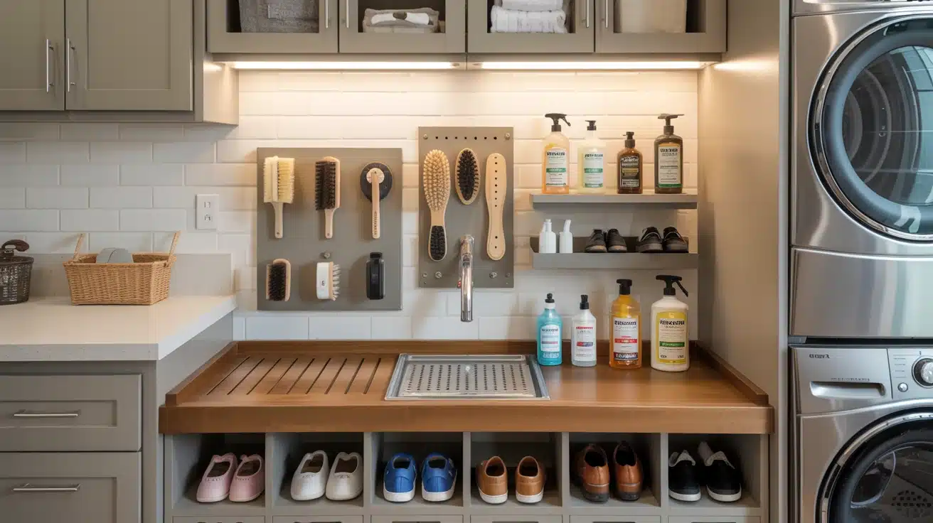 a shoe cleaning station in the laundry room, with supplies for cleaning and caring for shoes separate from laundry items