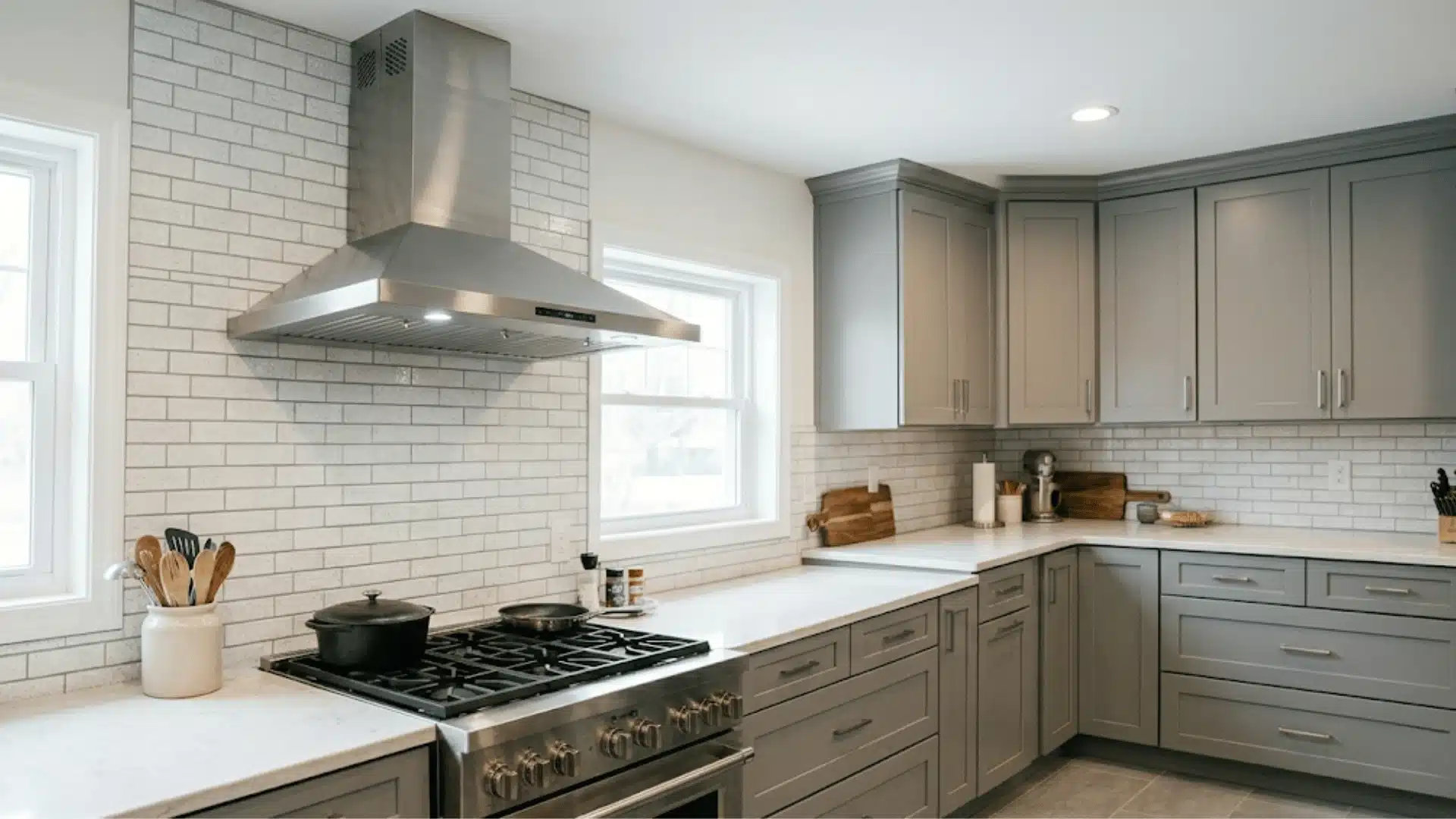 a simple and classy kitchen in white and grey color with the important stuff on the counter top