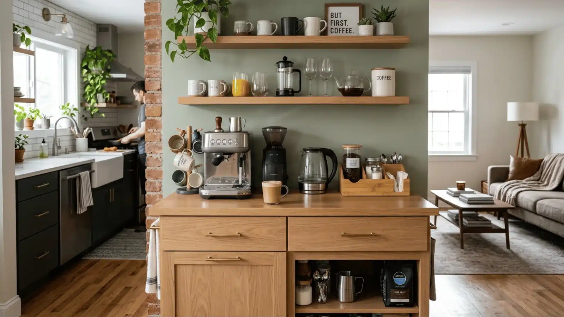 a small counter, a bar cart, or even a section of open shelving
