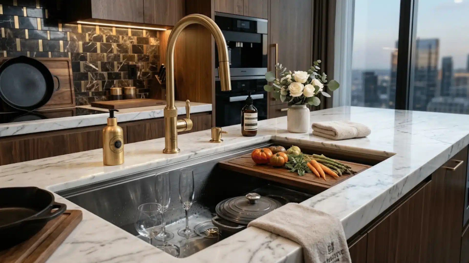 a smart and modern kitchen with a smart skin having a couple of vegetable in it
