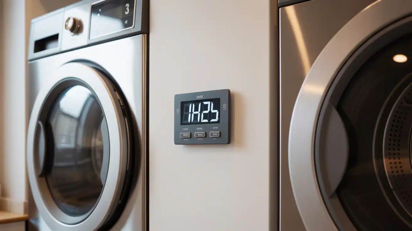 a visible wall timer in the laundry room, helping keep laundry cycles on track and avoid over-washing or over-drying.